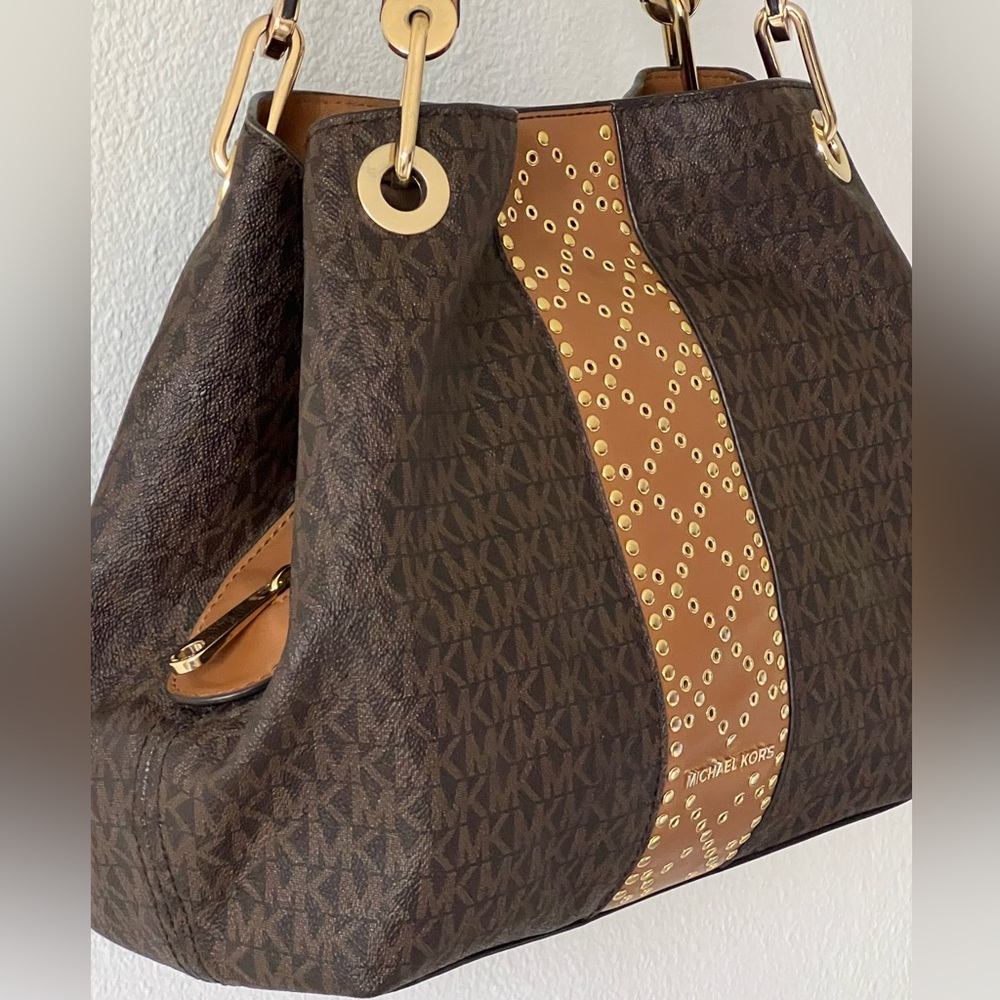Michael Kors Brown Signature Coated Canvas Raven Large Purse Tote Bag - Picture 3 of 16